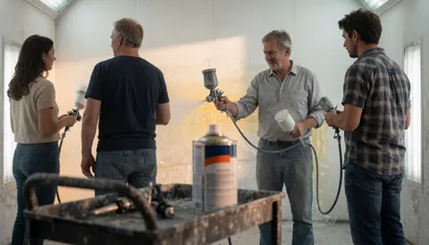 Quatre personnes travaillant dans une cabine de peinture avec des pistolets, illustrant le processus de peinture automobile en atelier.