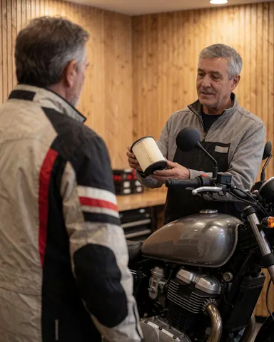 Un mécanicien professionnel montre un filtre à air propre à un client dans un atelier de réparation de motos.