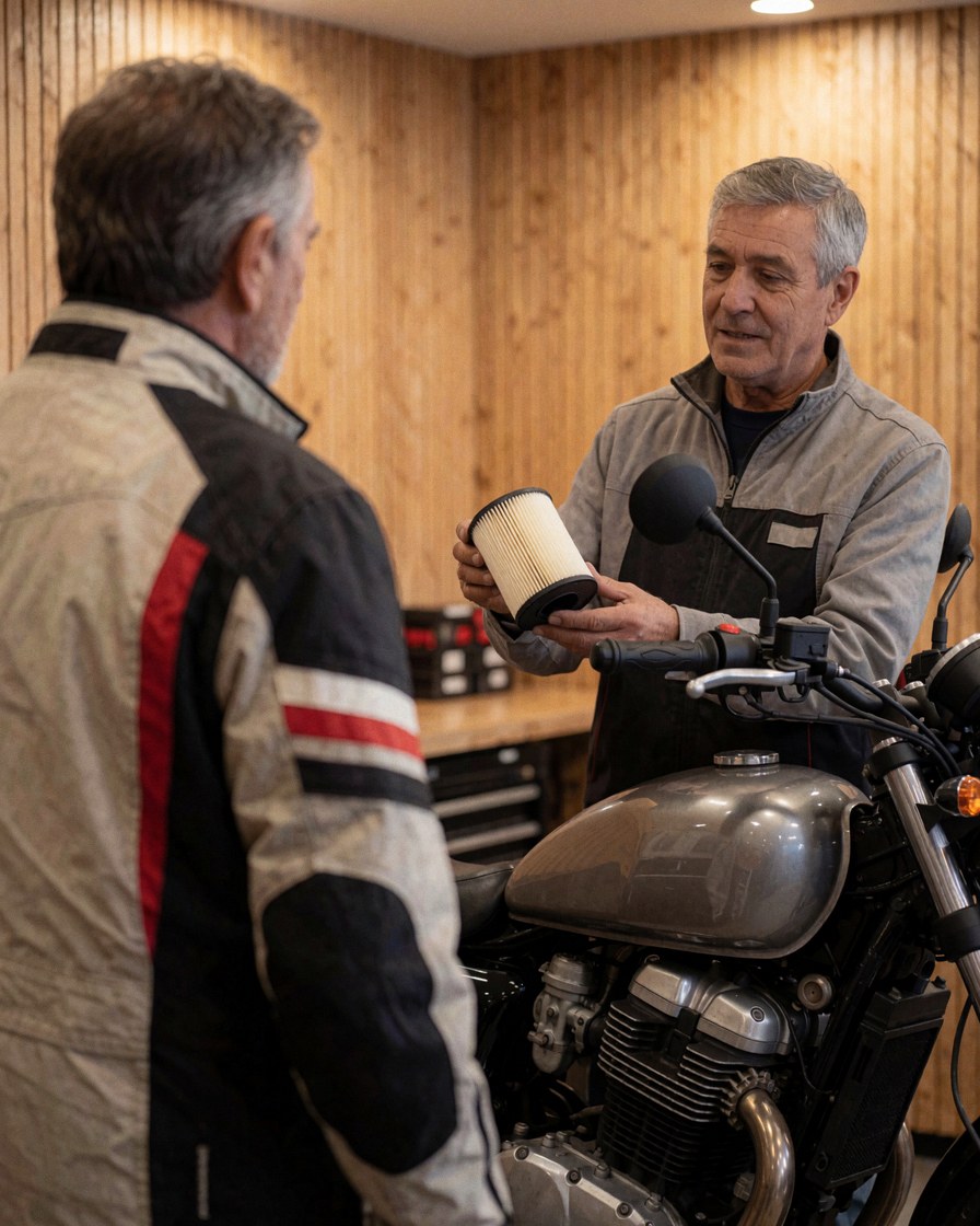Un mécanicien professionnel montre un filtre à air propre à un client dans un atelier de réparation de motos.
