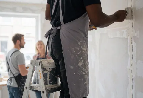 Un technicien en réparation de murs applique du mastic avec un rouleau sur une paroi fissurée, une échelle et des outils sont visibles.