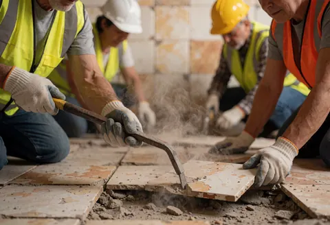 Des travailleurs en casques et gilets démolissent des carreaux au sol, soulevant de la poussière avec un outil de déménagement.