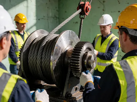 Des ouvriers en tenue de sécurité ajustent le tambour d'une grue dans un atelier industriel.