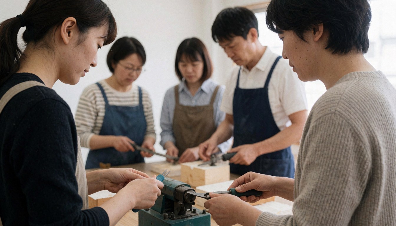 Groupe de personnes utilisant des outils et des machines dans un atelier de menuiserie, portant des tabliers pour le travail manuel.