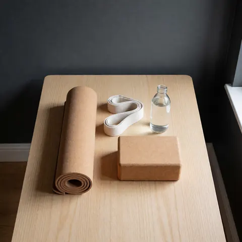 Tapis de yoga enroulé avec sangle, bloc et bouteille d'eau sur une table en bois clair dans une pièce à mur gris.