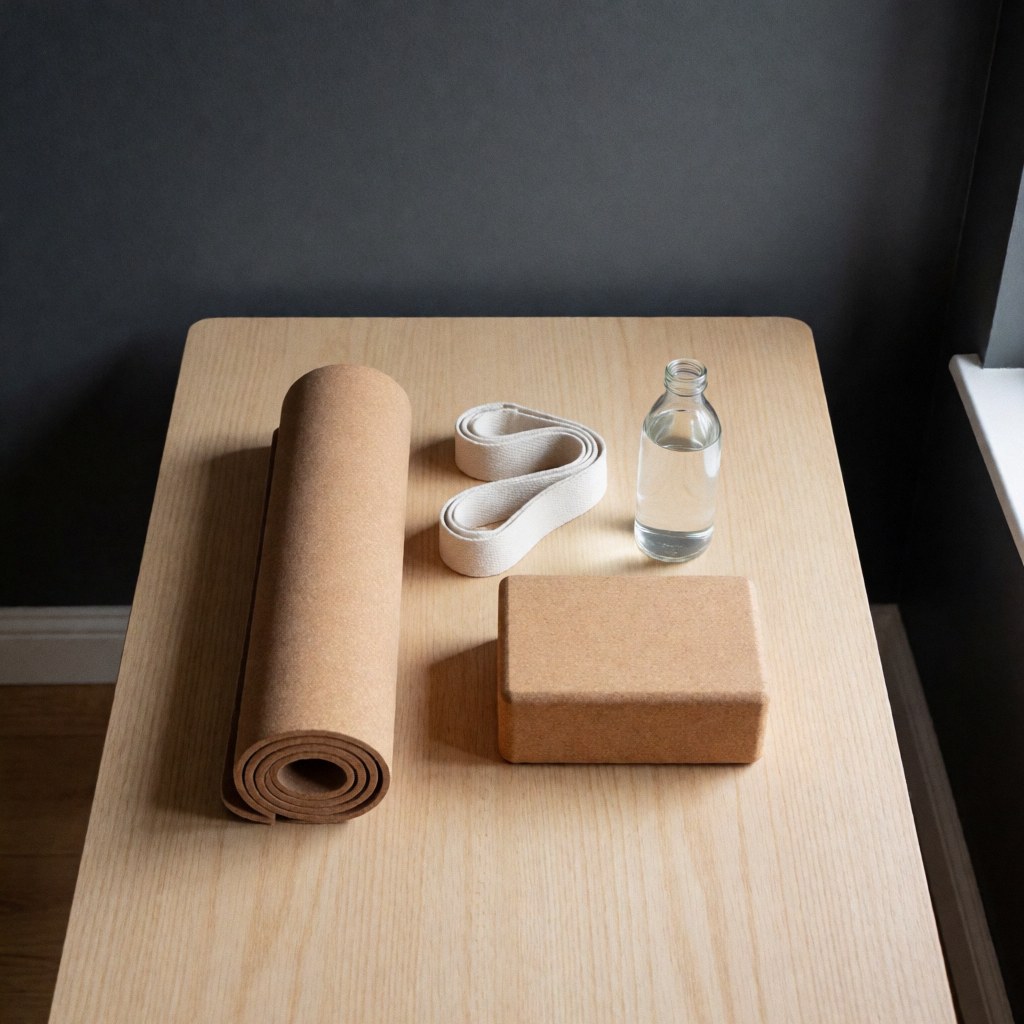 Tapis de yoga enroulé avec sangle, bloc et bouteille d'eau sur une table en bois clair dans une pièce à mur gris.