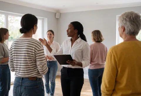 Un planificateur de mariage présente les détails d'un projet à un groupe de clients dans une salle aux murs gris et à la lumière naturelle.