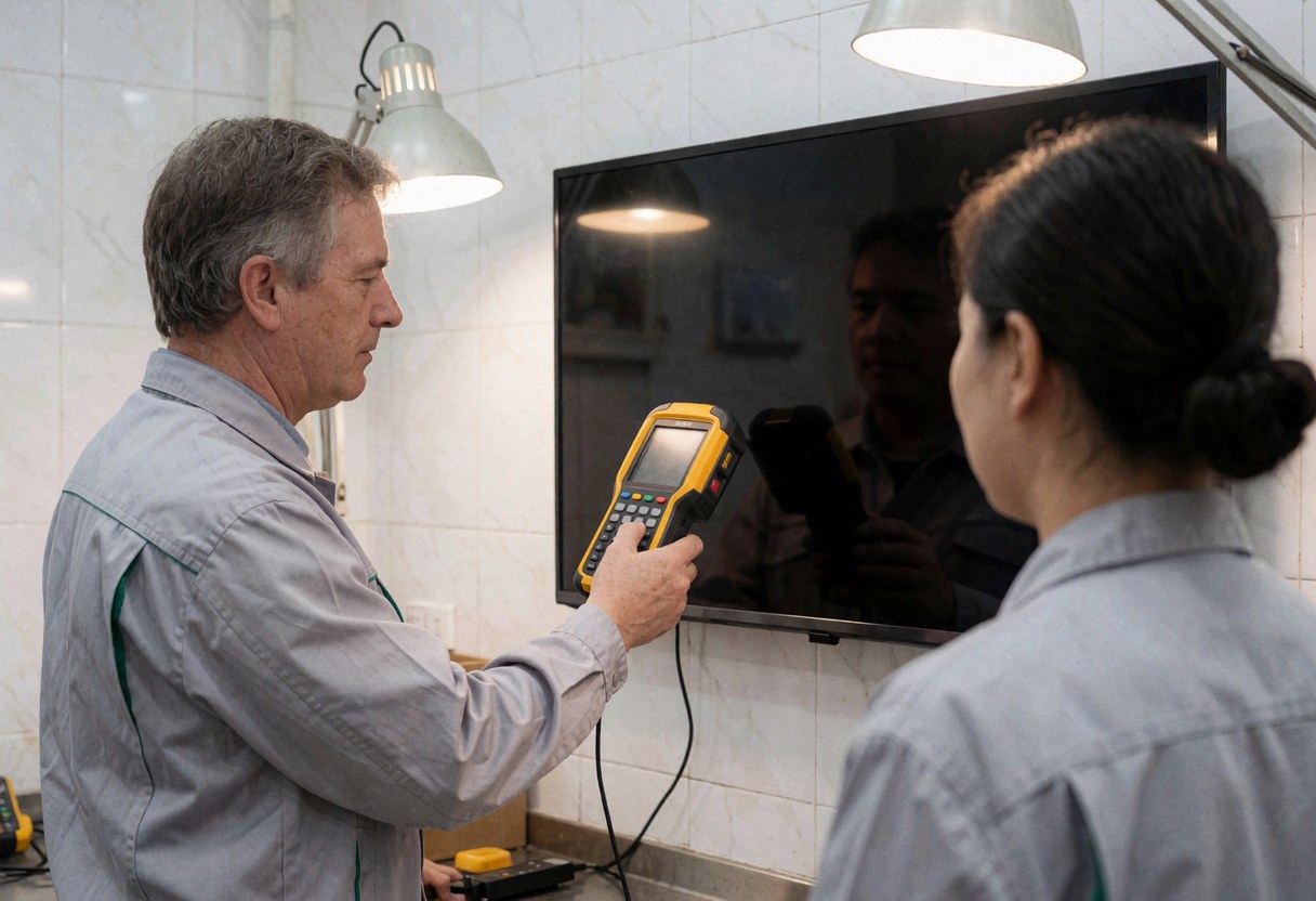 Un technicien ajuste l'écran d'un grand téléviseur dans un atelier aux murs carrelés, éclairé par des lampes de travail.