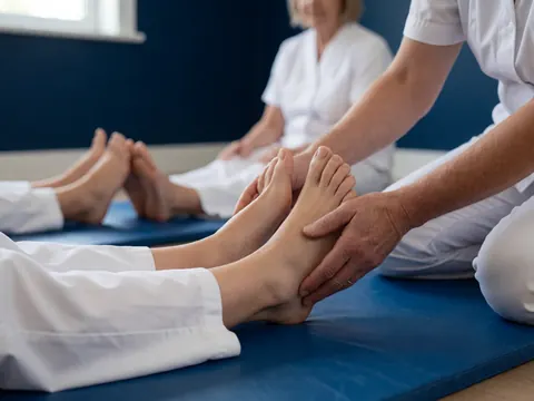 Mains d'un instructeur ajustant la posture des pieds d'un élève sur un tapis de couleur bleue, dans une salle de classe.
