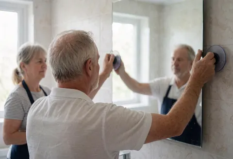 Un homme pose un grand miroir dans une salle de bain aux carrelages clairs en utilisant des ventouses, baigné par la lumière naturelle venant de la fenêtre.