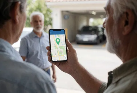 Un homme montre l'emplacement sur son smartphone devant l'entrée d'un parking pendant qu'un autre observe près d'un véhicule stationné.