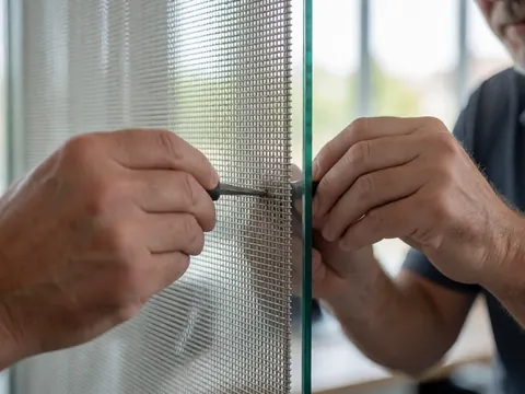 Gros plan des mains d'un professionnel utilisant un tournevis pour fixer une maille métallique sur un panneau de verre trempé dans le cadre d'une installation de précision.