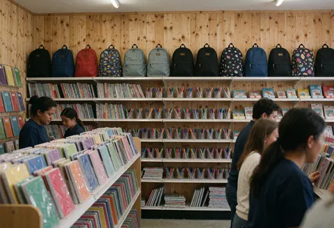 Des clients examinent des cahiers et des crayons dans une papeterie avec des étagères remplies et des sacs à dos sur un mur en bois.