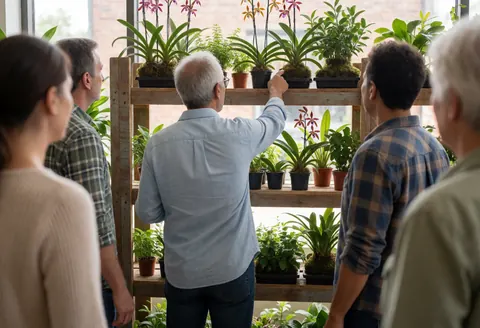 Une cliente examine des orchidées dans une jardinerie avec des étagères en bois et de la lumière naturelle.