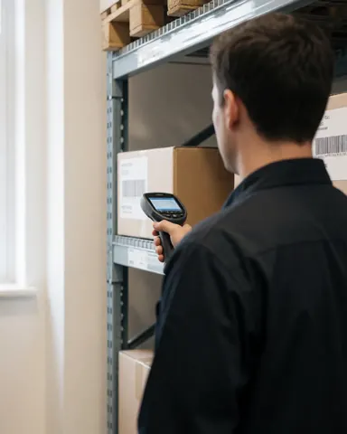 Un employé utilise un scanner pour lire le code-barres d'une boîte dans un entrepôt équipé de rayonnages métalliques et éclairé par la lumière naturelle.