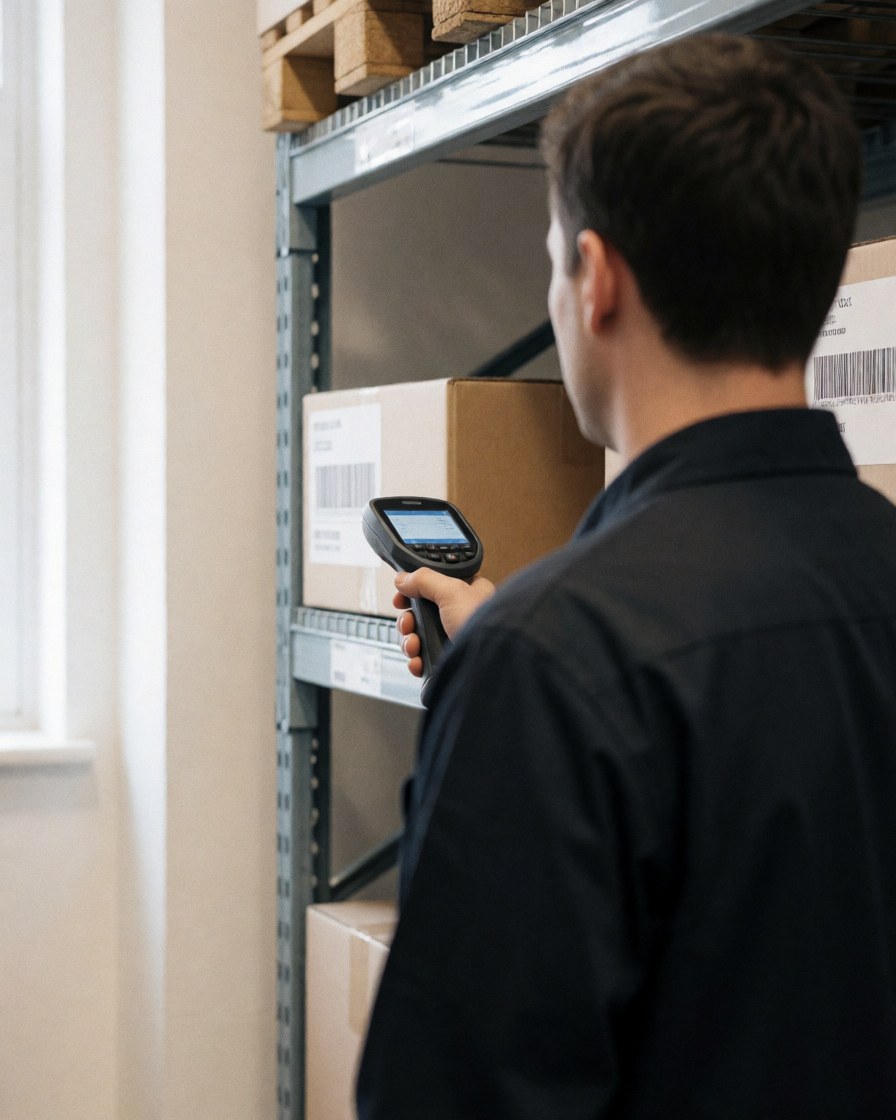 Un employé utilise un scanner pour lire le code-barres d'une boîte dans un entrepôt équipé de rayonnages métalliques et éclairé par la lumière naturelle.