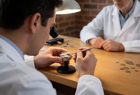 Un horloger ajuste un sous-cadran de montre à l'aide d'une loupe, sur une table en bois devant un mur de briques, illustrant un service en cours.