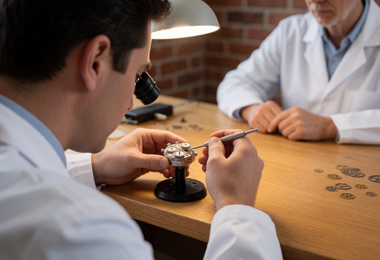 Un horloger ajuste un sous-cadran de montre à l'aide d'une loupe, sur une table en bois devant un mur de briques, illustrant un service en cours.