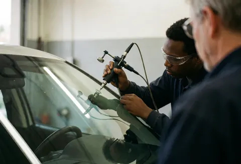 Un technicien portant des lunettes de sécurité applique de la résine sur une vitre automobile dans un garage tandis qu'un autre homme observe le travail.