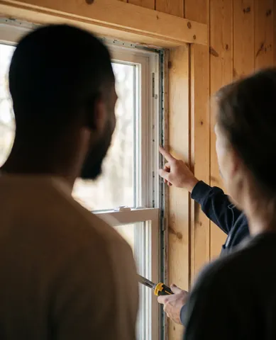 Un technicien examine une fenêtre vitrée chez un client, montrant des éléments en aluminium et ses outils de travail.