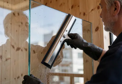 Un ouvrier en gant noir utilise une raclette en acier inoxydable pour nettoyer un verre, reflet visible sur un mur en bois clair.