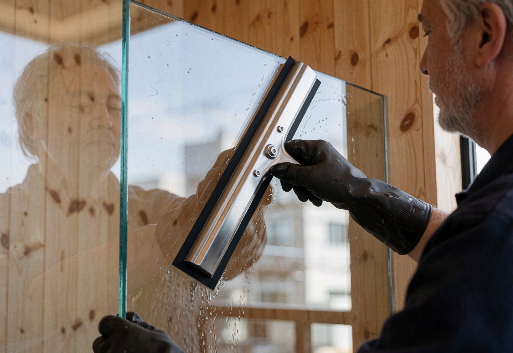 Un ouvrier en gant noir utilise une raclette en acier inoxydable pour nettoyer un verre, reflet visible sur un mur en bois clair.