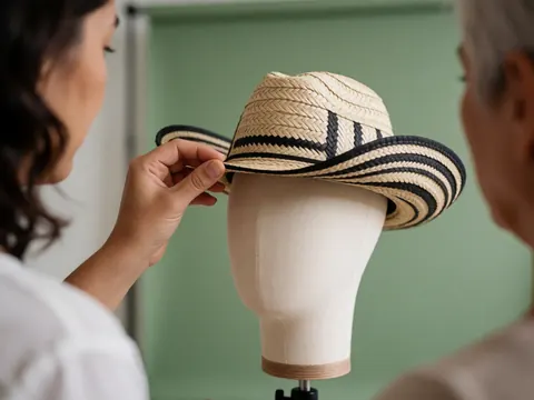 Une main ajuste un chapeau de paille à rayures noires sur un mannequin dans un studio aux murs verts.