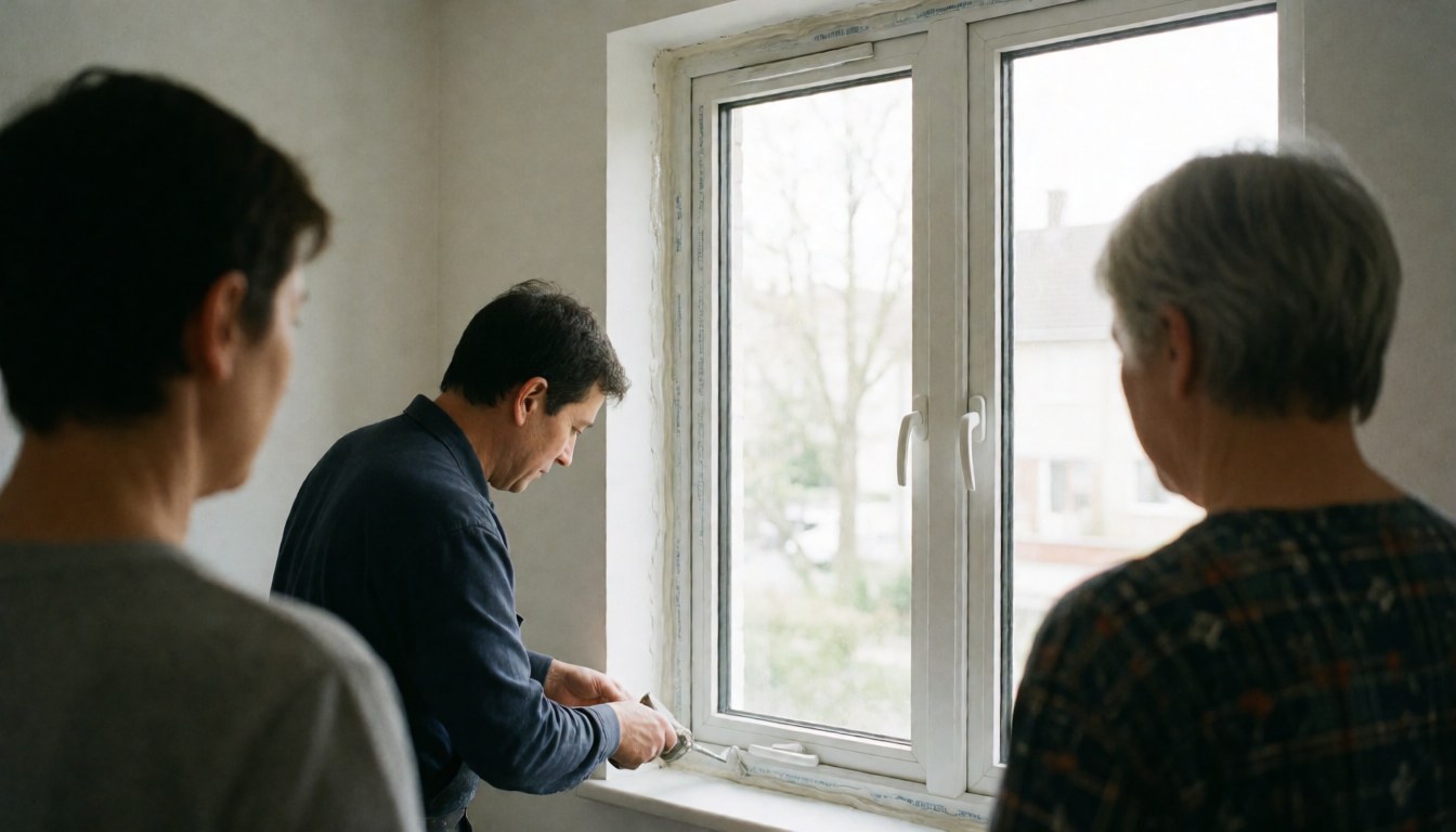 Un homme applique du scellant sur une vitre dans une maison aux murs blancs, illustrant un service de réparation de fenêtres en cours.