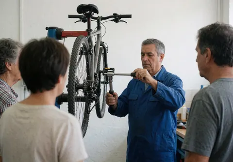 Un mécanicien ajuste la chaîne d'un vélo suspendu dans un atelier pendant que trois personnes observent le service de réparation.