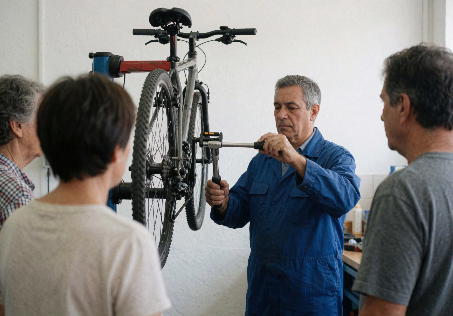 Un mécanicien ajuste la chaîne d'un vélo suspendu dans un atelier pendant que trois personnes observent le service de réparation.