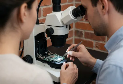 Un technicien utilise un microscope pour réparer un circuit de téléphone portable dans un atelier à mur de briques, tandis qu'une autre personne observe le travail.