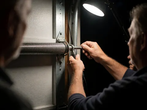 Un technicien ajuste un ressort de porte de garage à l'aide d'une clé de torsion, sous un éclairage de travail intense sur un mur gris.