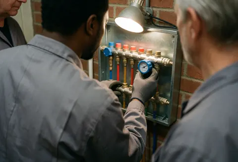 Un technicien ajuste un manomètre sur un collecteur de chauffage devant un mur en briques avec une lumière de travail, tandis que trois collègues observent l'intervention.