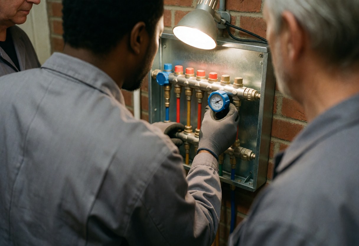 Un technicien ajuste un manomètre sur un collecteur de chauffage devant un mur en briques avec une lumière de travail, tandis que trois collègues observent l'intervention.