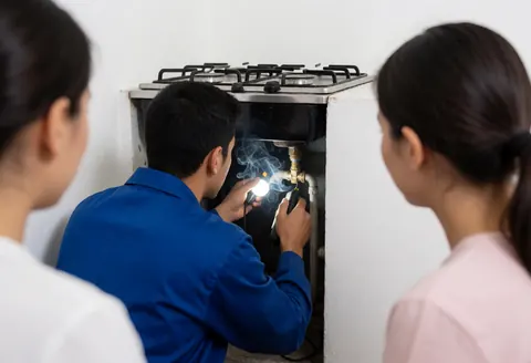 Un technicien en tenue bleue inspecte les vannes de gaz d'une cuisinière dans un intérieur aux murs blancs, illustrant un service de réparation en cours.