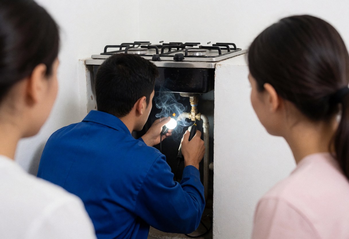 Un technicien en tenue bleue inspecte les vannes de gaz d'une cuisinière dans un intérieur aux murs blancs, illustrant un service de réparation en cours.