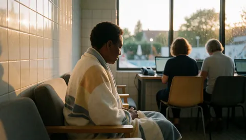 Une personne enroulée dans une serviette est assise sur une chaise à côté d'une fenêtre offrant une vue sur l'eau, avec des murs carrelés blancs et une lumière chaude de coucher de soleil.