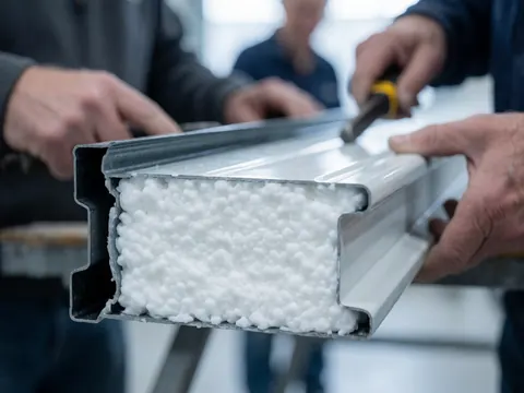 Mains travaillant sur un panneau métallique avec isolation thermique blanche, détail de construction de porte de garage.