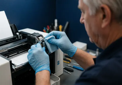 Un technicien portant des gants bleus effectue le nettoyage de la tête d'imprimante dans un atelier avec des outils et un mur bleu foncé en arrière-plan.