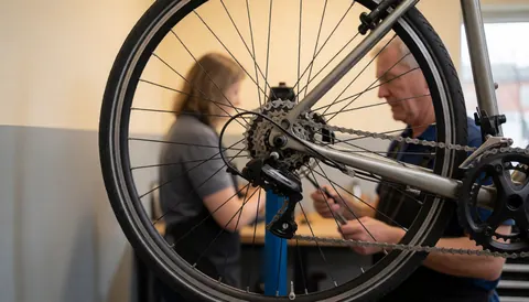 Un technicien ajuste la chaîne d'un vélo fixé sur un support de réparation, tandis qu'une autre personne se trouve en arrière-plan.