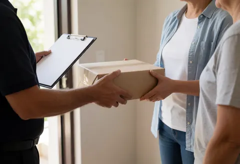 Un livreur remet un paquet à un client tenant un portefeuille, illustrant un service de logistique de dernière mile dans un cadre domestique.