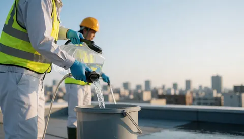 Un ouvrier en gilet jaune verse de l'eau propre d'un récipient dans un seau sur un toit, préparant ses outils pour le nettoyage des vitres avec la ville en arrière-plan.