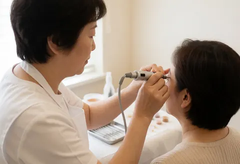 Une technicienne effectue un soin des sourcils dans un salon de beauté aux murs blancs, utilisant une machine rotative et des aiguilles stériles disposées sur un plateau.