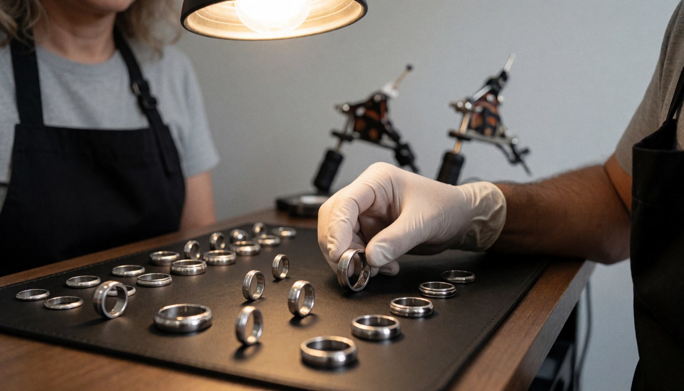 Un tatoueur portant un gant choisit des anneaux en acier chirurgical sur une table de travail, avec du matériel de tatouage en arrière-plan dans un studio.