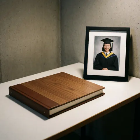 Album photo en bois contenant une photo de graduation encadrée posé sur une table blanche devant un mur de béton sous éclairage chaleureux.
