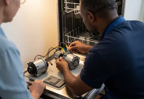 Vue arrière d'un technicien réparant un lave-vaisselle en connectant les câbles du nouveau moteur dans une cuisine aux murs blancs et à la lumière chaude.