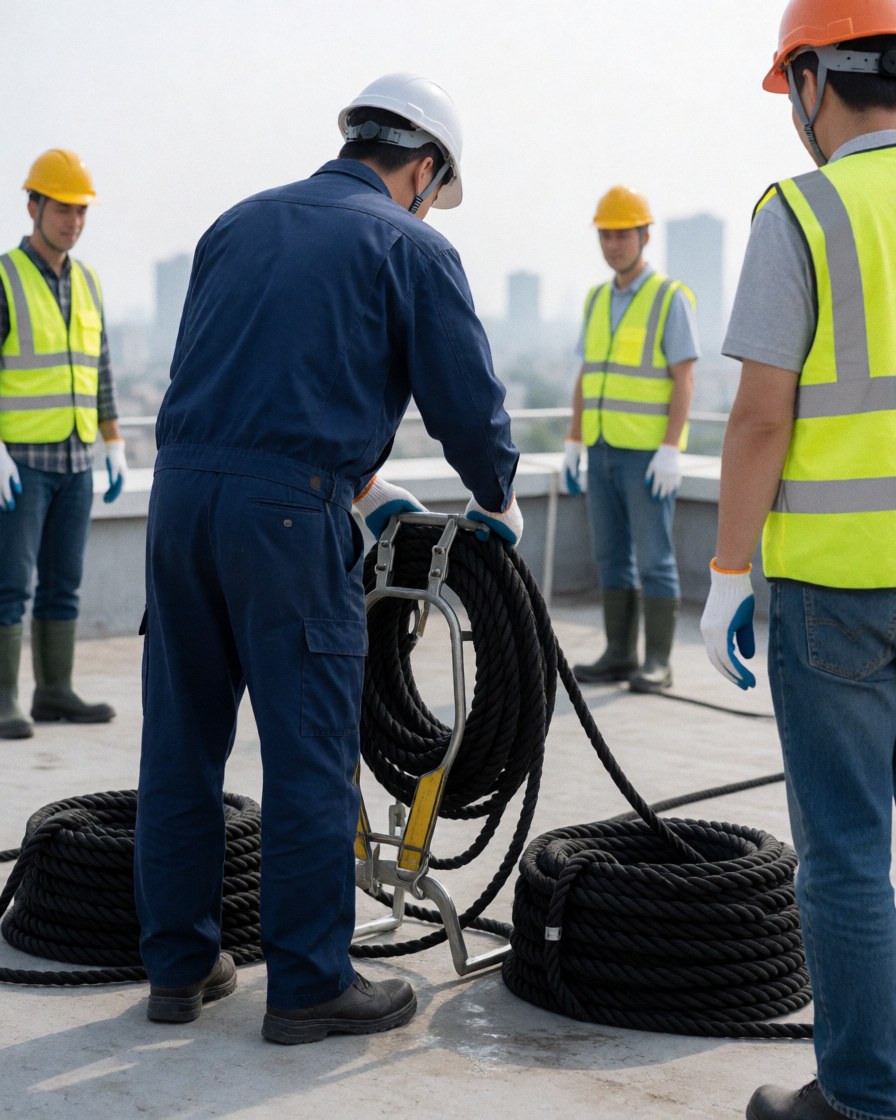 Quatre travailleurs en casques et gilets sur un toit avec des cordes noires, préparant l'équipement pour les travaux en hauteur.