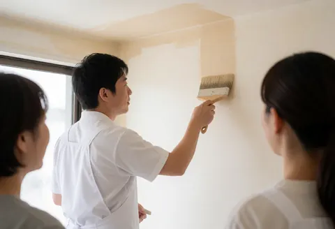 Un peintre applique une peinture à deux tons sur l'angle d'un mur pendant que deux personnes observent le travail en cours.