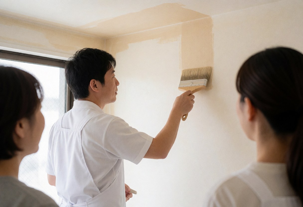 Un peintre applique une peinture à deux tons sur l'angle d'un mur pendant que deux personnes observent le travail en cours.