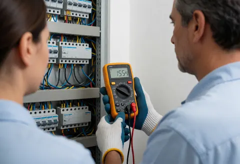 Technicien en réparation d'ascenseurs examine une mesure sur un multimètre connecté à un panneau électrique, portant des gants isolants et entouré de câbles organisés.