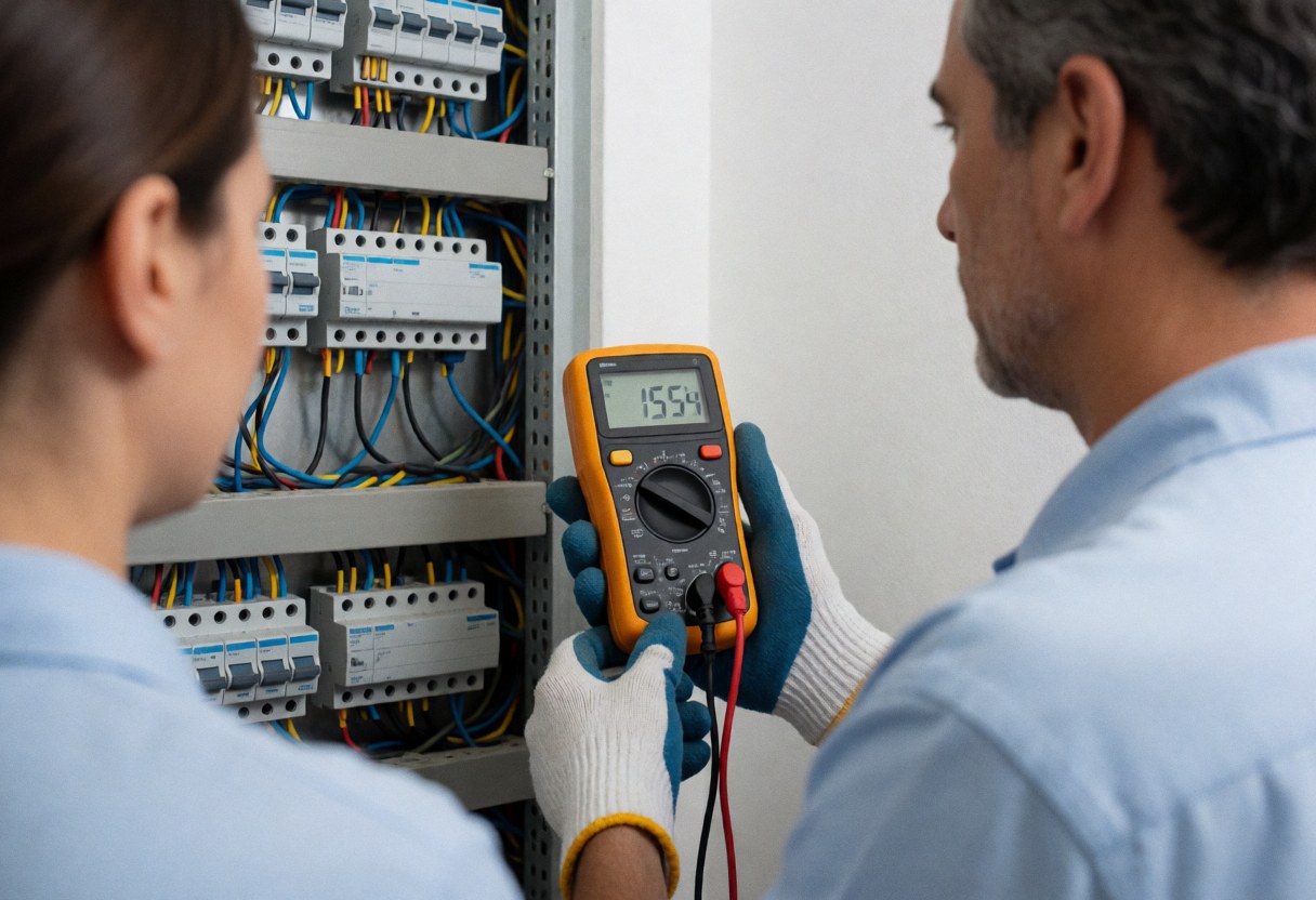 Technicien en réparation d'ascenseurs examine une mesure sur un multimètre connecté à un panneau électrique, portant des gants isolants et entouré de câbles organisés.